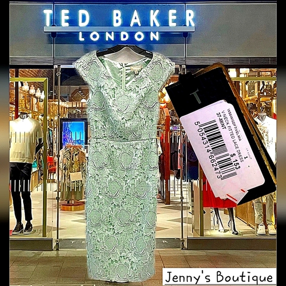 NEW TED BAKER Mint Green Lace Overlay Cap Sleeve Slim Fit Pencil Dress Us Sz 4 - Picture 1 of 5